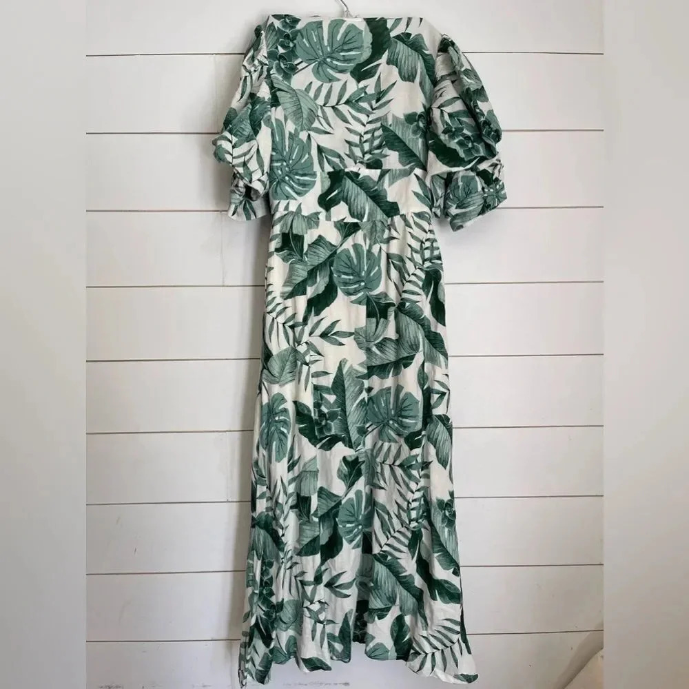 H&M x Johanna Ortiz Green White Linen Leaf Dress - Picture 7 of 11